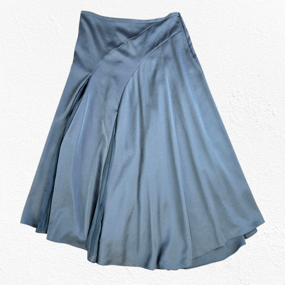 Vince Gray Blue Green Asymmetrical Satin Pleated Modern Luxe Midi Skirt Size 2 - Picture 2 of 12